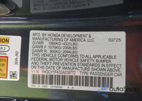 2025 Honda Accord Se from USA, damaged, VIN 1HGCY1F43SA018772